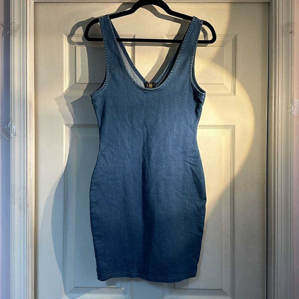 Iris Denim Dress Sexy Short Stretchy Sleeveless Front Zipper Club Party - Picture 3 of 14